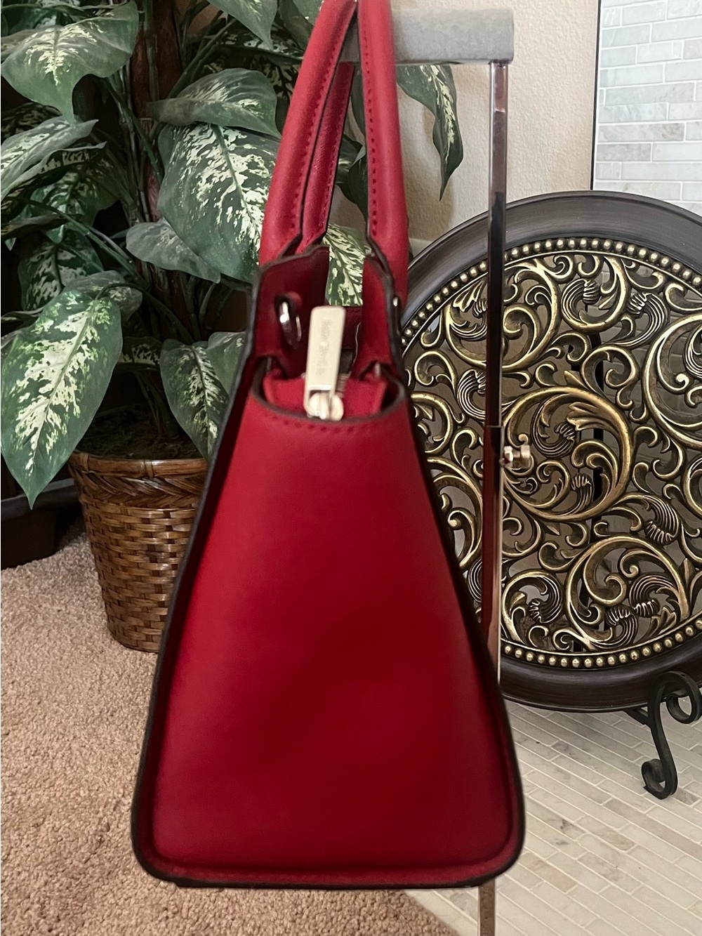 Michael Kors Red Saffiano Leather Satchel with Silver-Tone Hardware - Picture 4 of 6